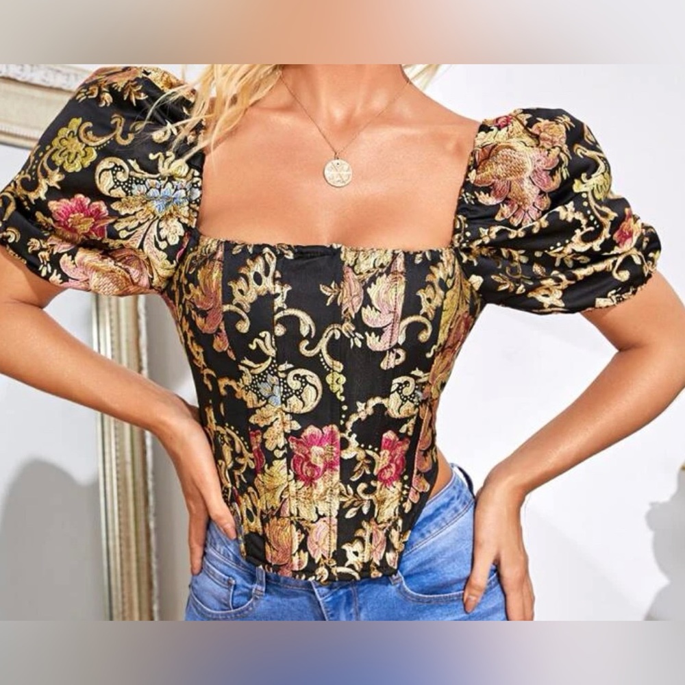 Zip Back Puff Sleeve Floral Jacquard Top